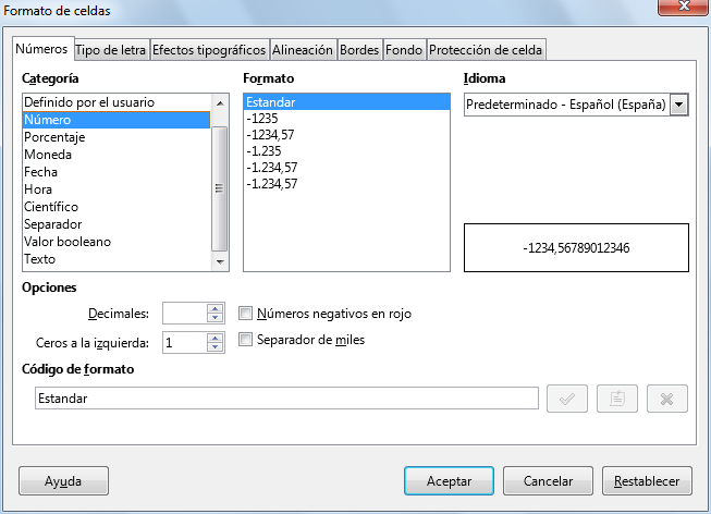 Pestaña Números en el diálogo Formato de celdas