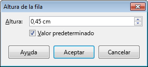Cuadro de diálogo Altura de la fila